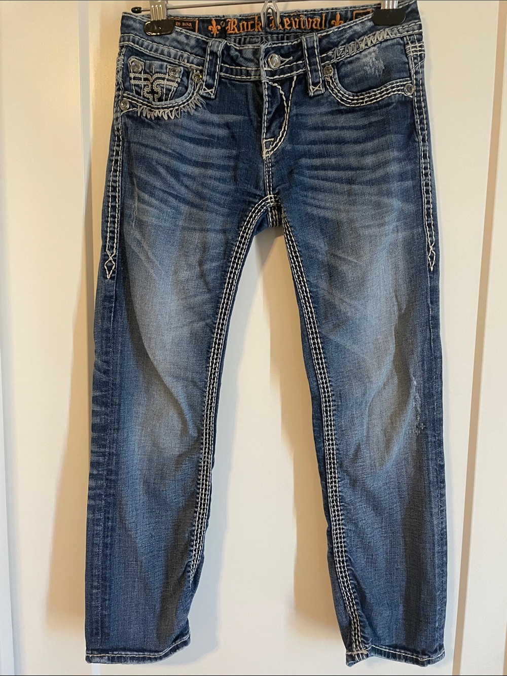 Rock Revival Men’s Washed Blue Slim Jeans with Contrast Stitching